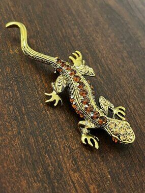 Lizard Brooch Pin Amber Gold Rhinestones Gold Tone Setting